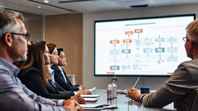 A photorealistic, professional photography, 8K, cinematic lighting, sharp focus, depth of field shot on a high-end DSLR of a diverse group of professionals in a modern conference room, engaged in an interactive training session. They are looking at a large screen displaying a flow chart of international payment processes with highlighted risk points. The atmosphere is serious but collaborative, emphasizing learning and shared responsibility for compliance.