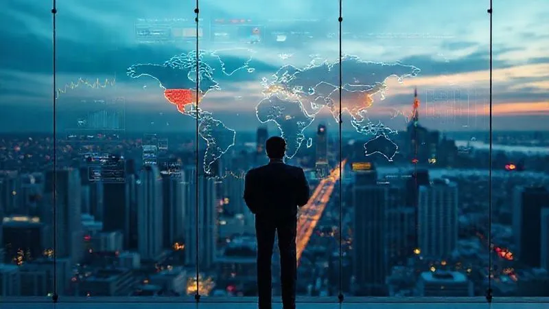 A photorealistic, professional photography, 8K, cinematic lighting, sharp focus, depth of field shot on a high-end DSLR of a clear, modern glass wall overlooking a bustling city skyline at dusk. On the glass, a holographic overlay displays dynamic charts and graphs tracking global economic indicators and geopolitical hotspots, with some areas flashing yellow for 'watch' and red for 'high risk'. A solitary figure in a business suit stands before it, contemplating the data, symbolizing strategic foresight and risk anticipation.