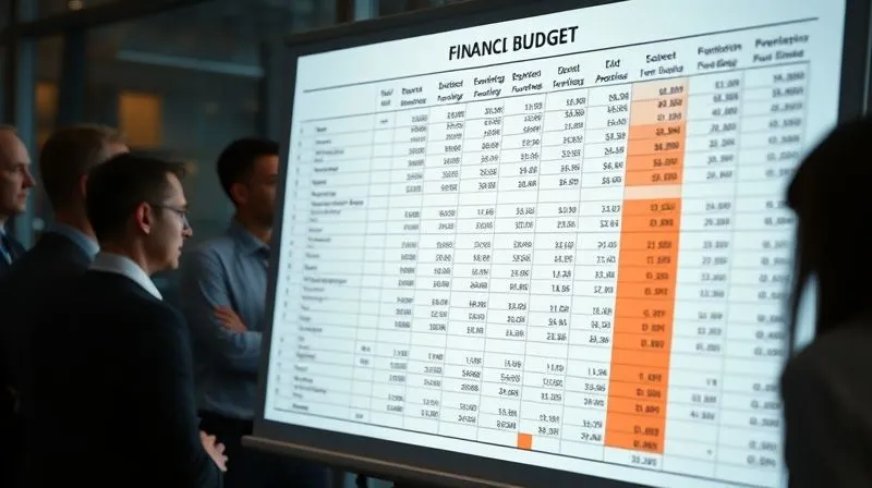 A photorealistic image of a detailed financial budget spreadsheet projected onto a board, with a blurred team of financial professionals in the background reviewing it intently. The spreadsheet highlights key figures and projections, with cinematic lighting and sharp focus on the data. 8K hyper-detailed, depth of field, professional photography, shot on a high-end DSLR.