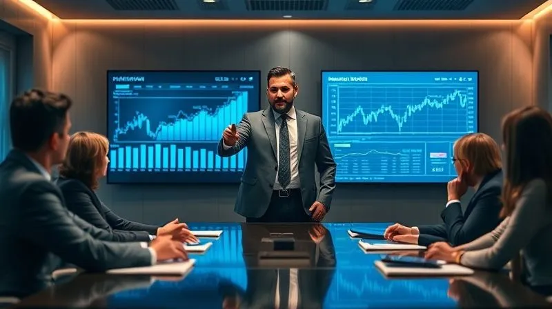 A photorealistic image of a determined business leader standing confidently at the head of a boardroom table, surrounded by a diverse team of advisors. The leader is pointing to a complex financial projection on a screen, conveying a sense of strategic decision-making and control under pressure. Cinematic lighting, sharp focus on the leader, depth of field. 8K hyper-detailed, professional photography, shot on a high-end DSLR.