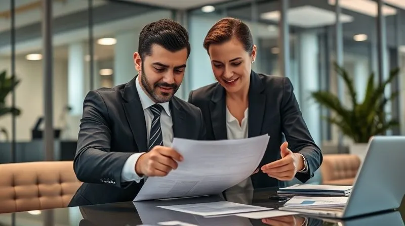 A photorealistic scene of a legal team (attorney and financial advisor) collaborating over documents in a modern office, conveying expertise and strategic planning, professional photography, 8K, cinematic lighting, sharp focus on their focused expressions, depth of field, shot on a high-end DSLR.