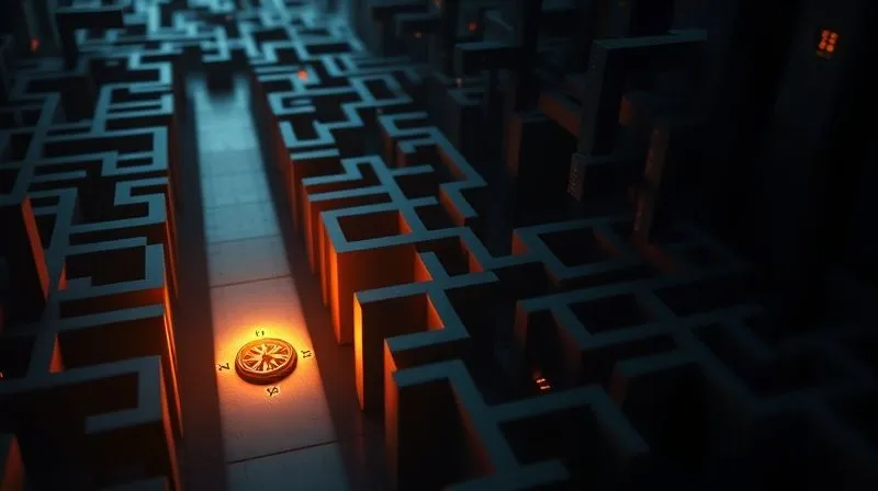 A photorealistic image of a complex financial labyrinth, with clear pathways illuminated and treacherous dead ends shrouded in shadow. A small, glowing compass points towards the compliant path, symbolizing guidance through regulatory challenges. Cinematic lighting, sharp focus on the compass and illuminated path, depth of field blurring the dark, confusing areas, 8K hyper-detailed, professional photography.