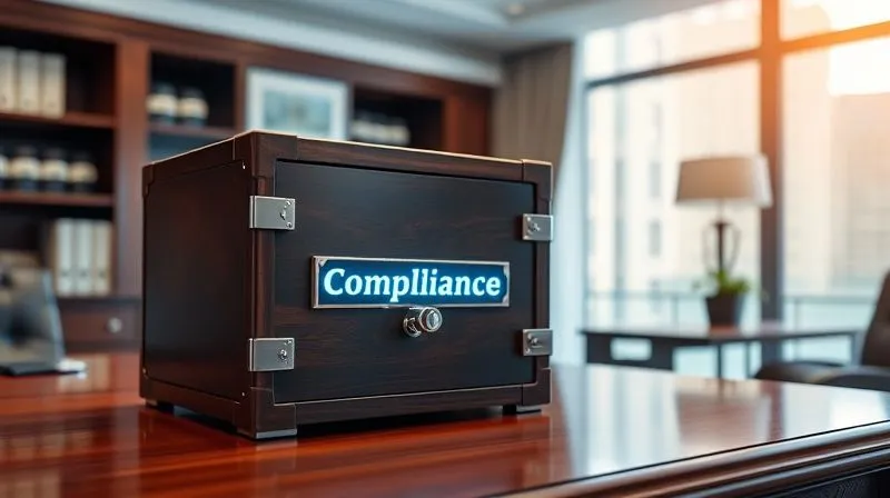A photorealistic image of a meticulously crafted and securely locked strongbox or vault, with a glowing "Compliance" label subtly integrated. It sits on a polished mahogany desk in a sophisticated, well-lit office, symbolizing protection, security, and successful adherence to regulations. Cinematic lighting, sharp focus on the strongbox, depth of field blurring a serene office background, 8K hyper-detailed, professional photography.
