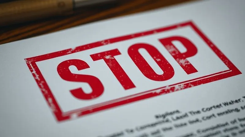 A close-up, photorealistic image of a legal document or letter with a red 'STOP' stamp, emphasizing urgency and a halt to communication, professional photography, 8K, cinematic lighting, sharp focus, depth of field, shot on a high-end DSLR.