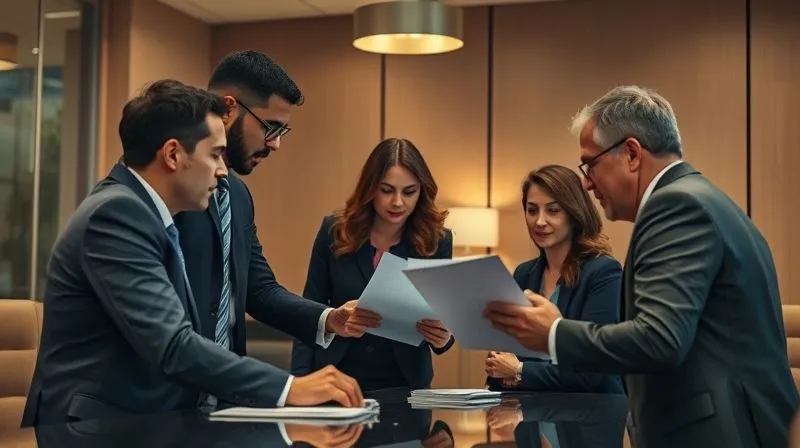A photorealistic image depicting a legal team in a focused huddle, reviewing documents in a well-appointed conference room, conveying strategic planning and collaboration under pressure, professional photography, 8K, cinematic lighting, sharp focus, depth of field, shot on a high-end DSLR.
