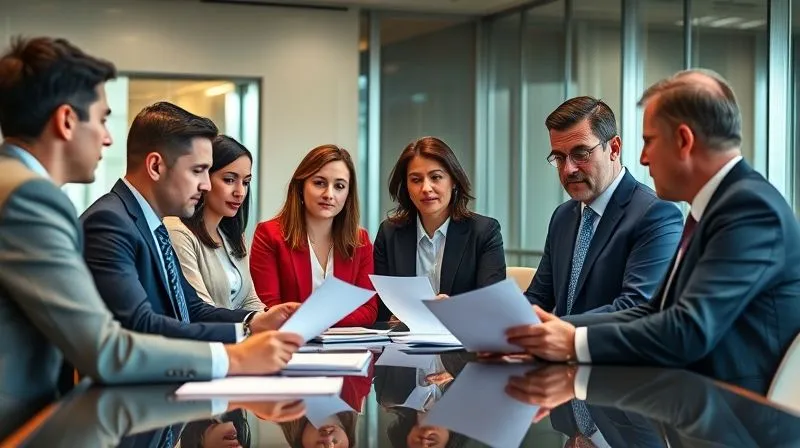 A diverse group of legal professionals and corporate executives in a modern, well-lit conference room, engaged in a serious discussion, reviewing documents. Photorealistic, professional photography, 8K, cinematic lighting, sharp focus, depth of field, shot on a high-end DSLR.
