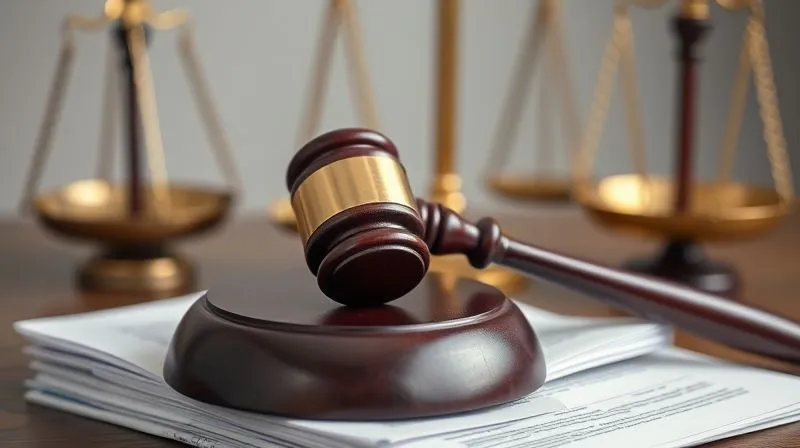 A stylized, strong wooden gavel resting on a stack of legal documents, with a blurred backdrop of court scales. The image conveys authority and the weight of legal proceedings. Photorealistic, professional photography, 8K, cinematic lighting, sharp focus, depth of field, shot on a high-end DSLR.