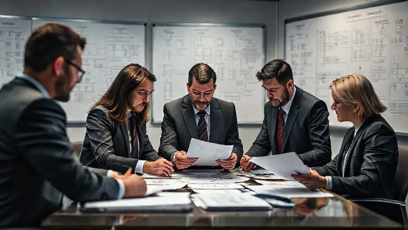 A photorealistic image of a legal team meticulously reviewing documents and digital evidence in a modern war room setting, with whiteboards full of timelines and flowcharts. Cinematic lighting, sharp focus on the team collaboration, depth of field blurring the background, 8K hyper-detailed, shot on a high-end DSLR.