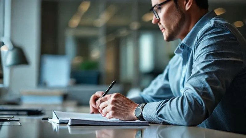 Photorealistic image of a person sitting at a desk, looking thoughtful but determined, with a notebook and pen, in a softly lit, professional office environment. The focus is on their hands and face, conveying a sense of careful planning and focus. 8K, cinematic lighting, sharp focus, depth of field, shot on a high-end DSLR.