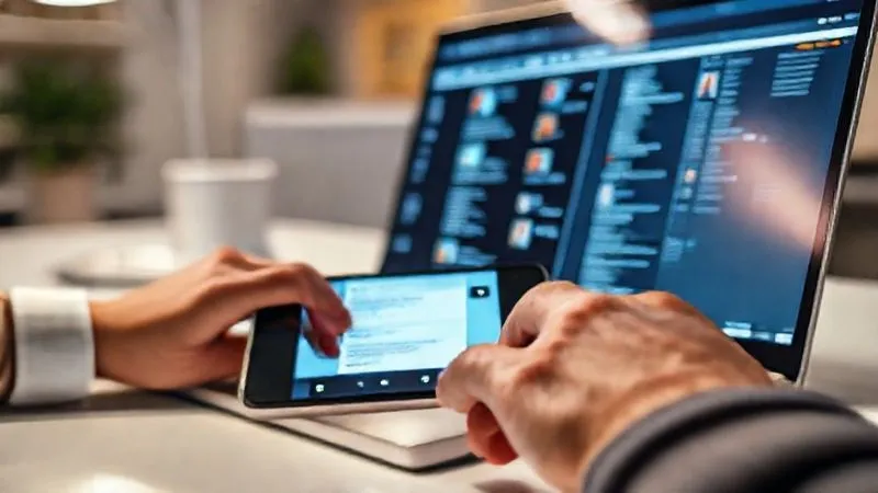 Photorealistic image of hands meticulously organizing digital files on a laptop screen, with a smartphone displaying messages in the foreground. The setting is a clean, modern workspace, illuminated by soft, focused light. 8K, cinematic lighting, sharp focus on the screens, depth of field blurring the background, shot on a high-end DSLR.