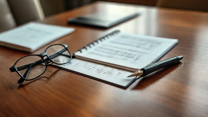 Photorealistic image of a legal pad with notes and a pen, next to a pair of reading glasses, on a polished wooden desk in a professional, softly lit environment. The focus is sharp on the notes, conveying attention to detail and preparation. 8K, cinematic lighting, sharp focus, depth of field, shot on a high-end DSLR.