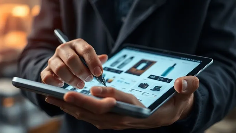 A close-up, photorealistic image of a detective's hands meticulously documenting digital evidence on a tablet, with blurred web pages showing counterfeit products in the background. Cinematic lighting, sharp focus on the hands and tablet, depth of field, 8K hyper-detailed, shot on a high-end DSLR.