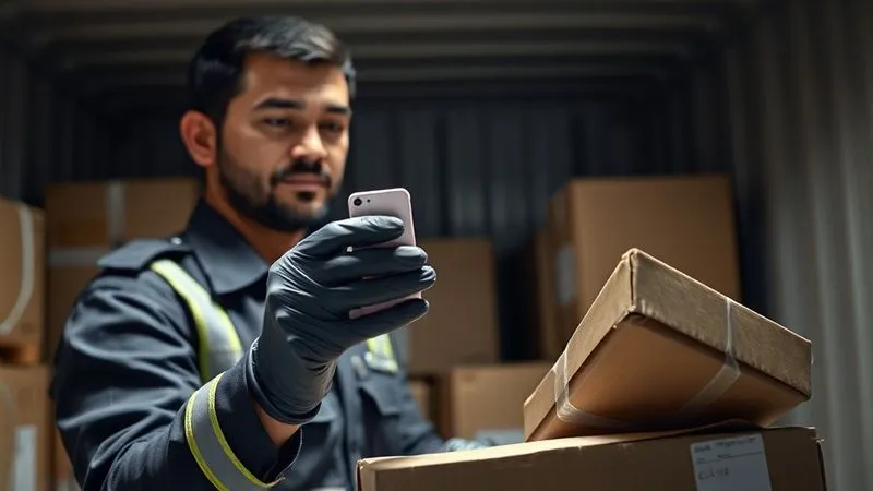 A photorealistic, professional image of a customs officer in uniform, wearing gloves, examining a shipping container's contents with a focused expression, an authentic product sample in one hand and a suspected counterfeit in the other. Cinematic lighting, sharp focus on the officer and items, depth of field, 8K hyper-detailed, shot on a high-end DSLR.