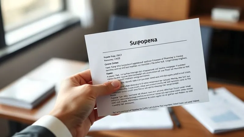 photorealistic, professional photography, 8K, cinematic lighting, sharp focus, depth of field, shot on a high-end DSLR, a hand holding an official-looking SEC subpoena document, with a blurred background showing a corporate office, emphasizing urgency and the weight of official communication.