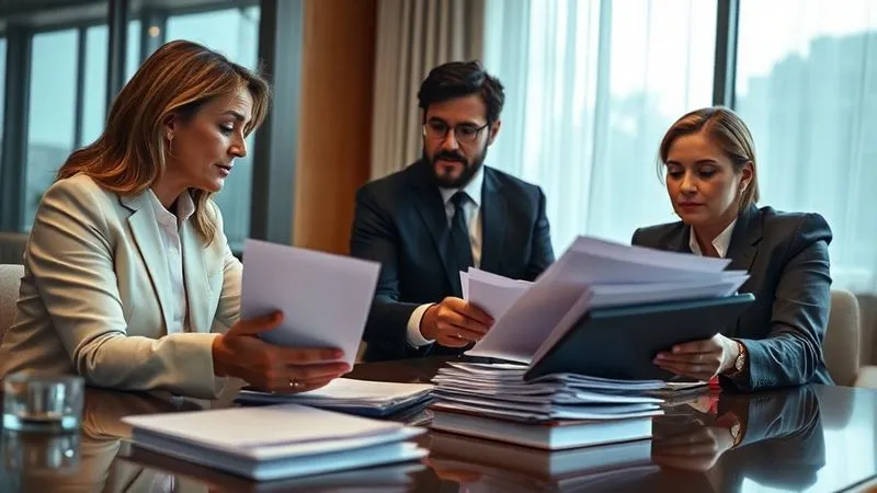 photorealistic, professional photography, 8K, cinematic lighting, sharp focus, depth of field, shot on a high-end DSLR, a thoughtful legal team in a conference room, reviewing a stack of organized legal documents and digital files on a tablet, with a sense of strategy and deliberation in their expressions, conveying ongoing legal strategy.