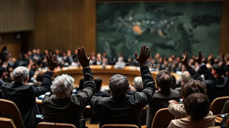 A photorealistic, professional photography, 8K, cinematic lighting, sharp focus, depth of field, shot on a high-end DSLR, depicting a diverse group of UN delegates in a solemn Security Council meeting, hands raised in a vote, with a backdrop of a blurred world map. The mood is tense but hopeful, emphasizing the gravity of global decision-making.