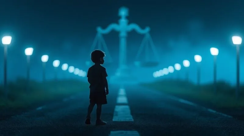 A photorealistic, professional image of a blurred path leading into a complex legal symbol, with a child's silhouette standing at the crossroads, symbolizing uncertainty and choice. 8K, cinematic lighting, sharp focus on the silhouette, depth of field, shot on a high-end DSLR.