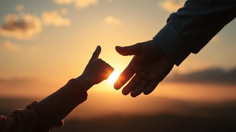 A photorealistic image of a young person's hand being gently guided by an adult's hand, against a backdrop of a rising sun over a hopeful landscape, symbolizing mentorship and a new beginning. Professional photography, 8K, cinematic lighting, sharp focus on the hands, depth of field, shot on a high-end DSLR.