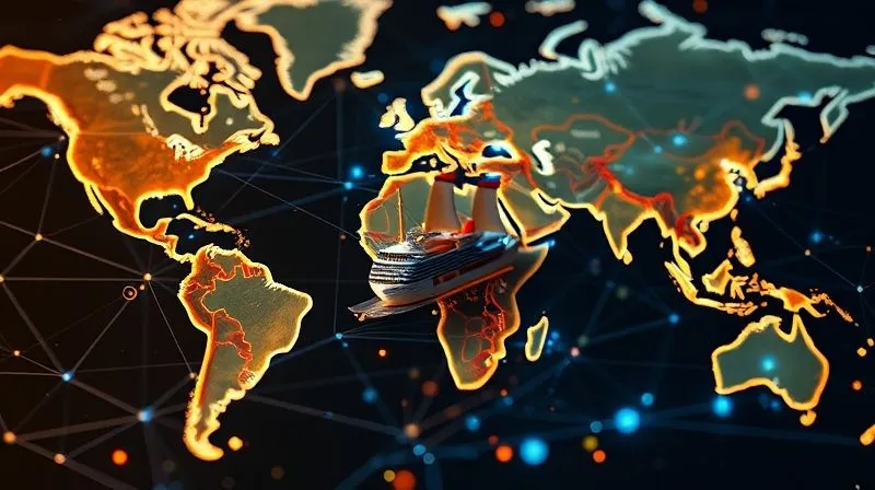 A complex, glowing holographic map of the world with interconnected lines and overlapping colored zones, representing maritime jurisdictions and international legal boundaries. In the center, a miniature cruise ship sails, highlighting the intricate global nature of maritime law. Photorealistic, professional photography, 8K, cinematic lighting, sharp focus on the central ship and map, depth of field blurring the background, shot on a high-end DSLR.