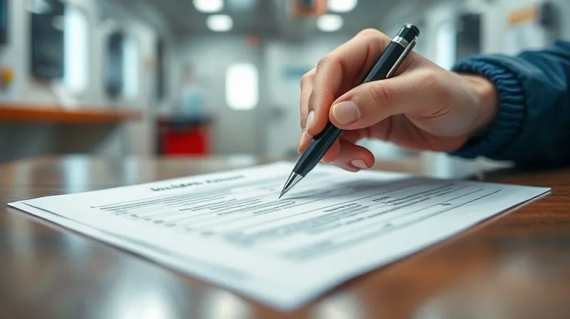 A close-up, photorealistic shot of a seafarer's hand holding a pen, poised over a crisp, official-looking incident report form, with a blurred background of a ship's medical bay. The focus is on the act of documentation, emphasizing detail and urgency. Professional photography, 8K, cinematic lighting, sharp focus, depth of field, shot on a high-end DSLR.