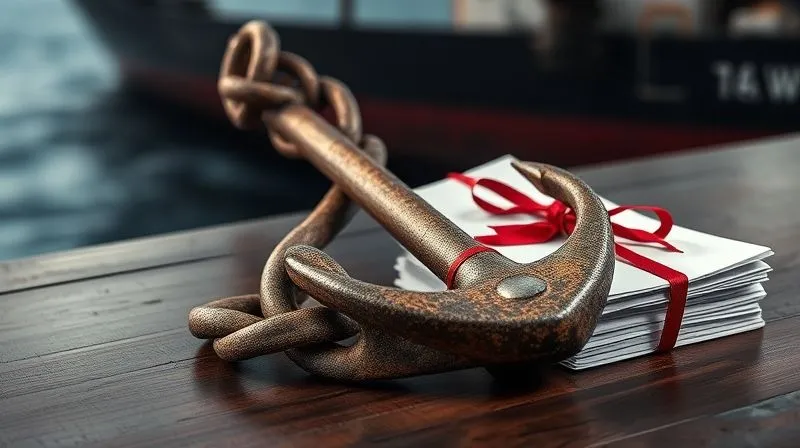 A photorealistic, detailed image of a large, weathered anchor chain draped over a dark, polished wooden table, symbolizing the weight of liability. Next to it, a stack of legal documents tied with a red ribbon, and in the background, a subtle, blurred image of a ship. Professional photography, 8K, cinematic lighting, sharp focus on the anchor chain and documents, depth of field, shot on a high-end DSLR.