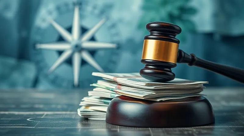 A photorealistic image of a legal gavel resting on a stack of currency from various nations, symbolizing international compensation and justice. The background shows a blurred image of a compass and a globe, emphasizing the global nature of the claim. Professional photography, 8K, cinematic lighting, sharp focus on the gavel and currency, depth of field, shot on a high-end DSLR.