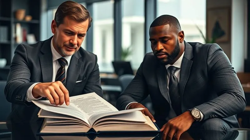 photorealistic, professional photography, 8K, cinematic lighting, sharp focus, depth of field, shot on a high-end DSLR, a lawyer pointing to a specific clause in a thick legal book, with an athlete sitting next to them, looking intently, both in a modern, well-lit office, conveying strategy and collaboration, focus on the legal documents.