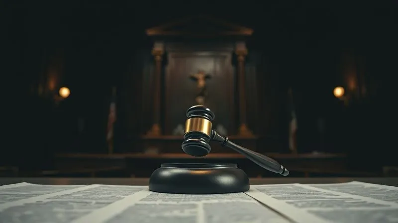 photorealistic, professional photography, 8K, cinematic lighting, sharp focus, depth of field, shot on a high-end DSLR, a single spotlight on a gavel on a judge's bench, in a dark, empty courtroom, conveying the solemnity and finality of legal proceedings, with blurred legal texts in the foreground.