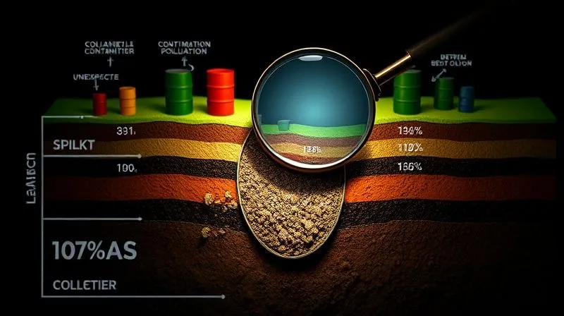 photorealistic, professional photography, 8K, cinematic lighting, sharp focus, depth of field, shot on a high-end DSLR, a detailed, illuminated cross-section diagram of soil layers showing different types of contaminants (barrels, chemical spills) at varying depths, with a magnifying glass hovering over an unexpected, deep pocket of pollution, symbolizing unforeseen complexities in land remediation. The diagram is clean and scientific, yet visually dramatic.