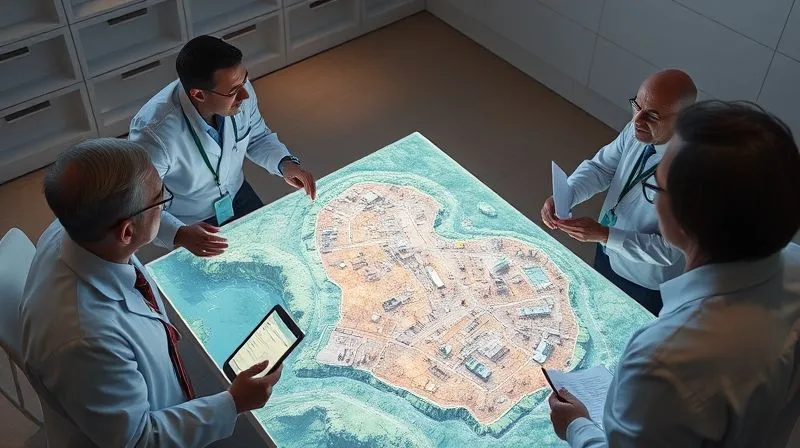 photorealistic, professional photography, 8K, cinematic lighting, sharp focus, depth of field, shot on a high-end DSLR, a team of environmental scientists and legal experts gathered around a large, illuminated 3D topographical map of a contaminated site, pointing to specific areas of concern. One expert holds a tablet displaying complex data, while another gestures towards legal documents. The scene is collaborative and focused, conveying detailed analysis.