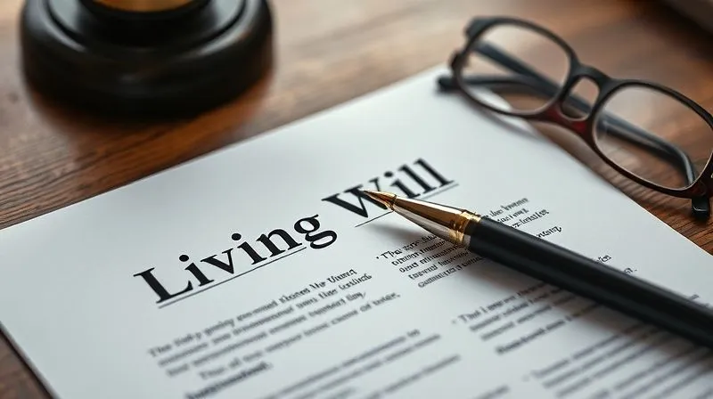 A photorealistic, professional photography image of a detailed, official-looking legal document titled 'Living Will' or 'Advance Directive', with a pen resting on it. The document is on a polished wooden desk, with a pair of reading glasses nearby. Cinematic lighting, sharp focus on the document text, depth of field, 8K hyper-detailed, shot on a high-end DSLR.