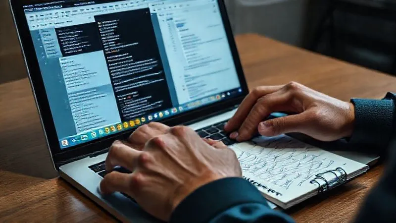 A photorealistic, professional photography, 8K image of a person meticulously organizing digital evidence on a laptop screen, with various tabs open showing transaction records, chat logs, and email screenshots. A notepad with handwritten notes sits beside the laptop. Cinematic lighting, sharp focus on the screen and hands, depth of field blurring the background, shot on a high-end DSLR.