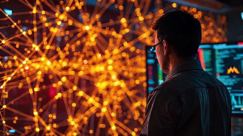 A photorealistic, professional photography, 8K image depicting a complex network of glowing lines representing blockchain transactions, with specific nodes highlighted in red indicating suspicious activity. In the foreground, a forensic analyst is intently viewing a multi-screen setup with data visualizations. Cinematic lighting, sharp focus on the analyst and screens, depth of field blurring the background, shot on a high-end DSLR.