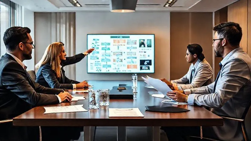 A photorealistic, professional photography, 8K image of a diverse legal team in a modern, well-lit conference room, intensely discussing strategy around a large table. One lawyer points to a complex flowchart on a screen, another reviews legal documents, and a third is on a video call with an international contact. Cinematic lighting, sharp focus on the team, depth of field blurring the background, shot on a high-end DSLR.