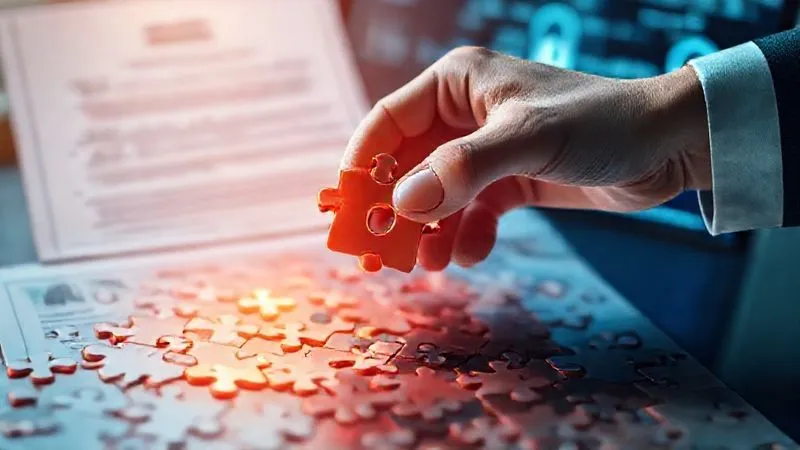 A photorealistic, professional photography, 8K image of a hand placing a final, crucial puzzle piece into a complex, glowing digital jigsaw puzzle, symbolizing the successful resolution and recovery of assets from an online scam. The background shows a blurred legal document and a secured computer screen. Cinematic lighting, sharp focus on the hands and puzzle, depth of field blurring the background, shot on a high-end DSLR.
