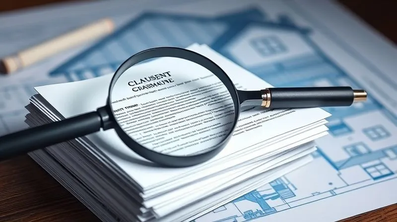 A photorealistic image showing a stack of legal documents related to real estate, with a magnifying glass resting on top, highlighting a specific clause. The background is a blurred blueprint of a house, symbolizing detailed examination. Professional photography, 8K, cinematic lighting, sharp focus on the documents and magnifying glass, depth of field, shot on a high-end DSLR.