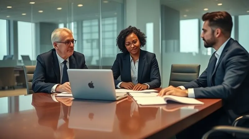 A photorealistic image of a legal team (two diverse lawyers) intensely discussing a case in a modern, well-lit conference room, with legal documents and a laptop open on the table. The atmosphere is serious and professional. Professional photography, 8K, cinematic lighting, sharp focus on the lawyers, depth of field, shot on a high-end DSLR.
