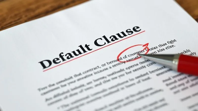 A close-up, photorealistic image of a legal contract open to a page detailing 'Default Clauses' with a red pen circling key terms, cinematic lighting, 8K, shot on a high-end DSLR.