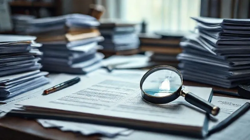 A photorealistic image of a detective's desk, cluttered with stacks of legal documents, files, and a magnifying glass resting on an open binder, with a focused, analytical atmosphere. Cinematic lighting highlights key documents, 8K hyper-detailed, sharp focus on the papers, depth of field blurring the background.