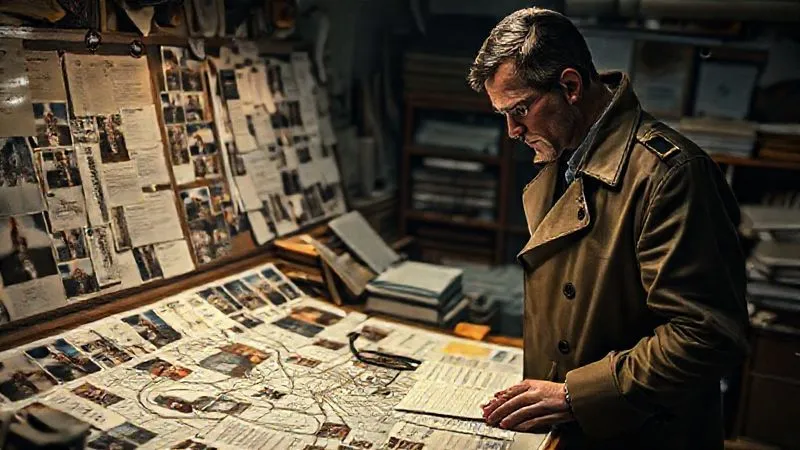 A photorealistic, professional photography, 8K, cinematic lighting, sharp focus, depth of field, shot on a high-end DSLR. A determined private investigator, clad in a trench coat, stands in a dimly lit, cluttered office, meticulously examining a complex evidence board covered with photos, documents, and connecting strings, a magnifying glass in hand. The atmosphere is one of intense focus and methodical investigation.