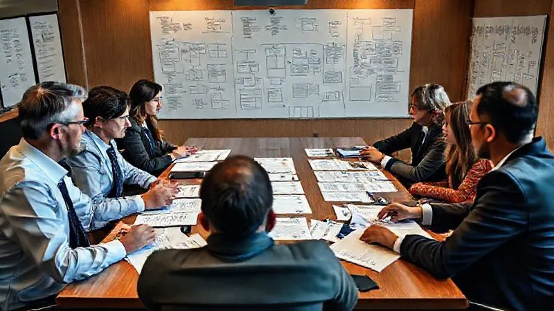 A photorealistic, professional photography, 8K, cinematic lighting, sharp focus, depth of field, shot on a high-end DSLR. A diverse group of legal professionals (attorneys, paralegals, investigators) are gathered around a large conference table, intensely collaborating, reviewing documents and discussing strategies. Whiteboards with complex flowcharts and notes are visible in the background, conveying a sense of teamwork and focused problem-solving. The atmosphere is serious and determined.