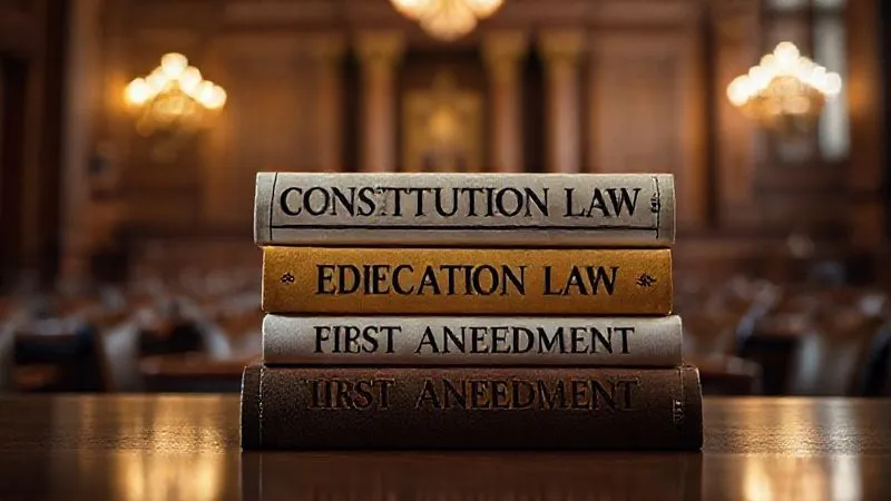 A photorealistic image of a stack of legal tomes titled "Constitutional Law," "Education Law," and "First Amendment," with a subtle glow emanating from them, symbolizing the foundational legal principles. Cinematic lighting, sharp focus, depth of field blurring a courtroom in the background, 8K hyper-detailed, professional photography, shot on a high-end DSLR.