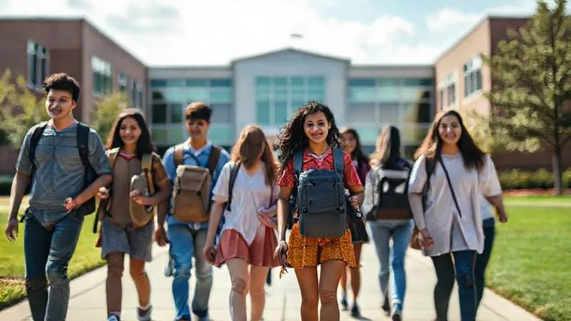 A photorealistic image of a diverse group of students, varying ages and ethnicities, walking confidently towards a modern school building with a backdrop of a clear, hopeful sky. Cinematic lighting, sharp focus on the students, depth of field blurring the school, 8K hyper-detailed, professional photography, shot on a high-end DSLR, conveying opportunity and inclusivity.