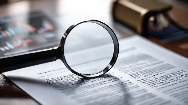 A photorealistic image of a legal document with a magnifying glass hovering over complex text, surrounded by subtle digital interfaces showing data analytics and future trends. Cinematic lighting, sharp focus on the document and magnifying glass, depth of field blurring the digital elements, 8K hyper-detailed, professional photography, shot on a high-end DSLR, symbolizing scrutiny and foresight in legal analysis.