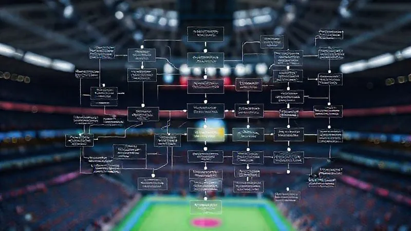 A photorealistic, professional photography image depicting a complex legal flowchart superimposed over a blurred image of a sports arena, with various interconnected pathways representing different types of player misconduct and their potential legal responses. The visual emphasizes complexity and the need for strategic navigation. 8K, cinematic lighting, sharp focus on the flowchart, depth of field, shot on a high-end DSLR.