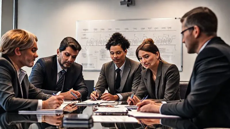 A photorealistic, professional photography image of a diverse legal team conducting a serious internal investigation, with focus on detailed note-taking, a timeline whiteboard in the background, and a sense of diligent inquiry. The setting is a modern conference room, with cinematic lighting and sharp focus on the team's professional demeanor. 8K, depth of field, shot on a high-end DSLR.