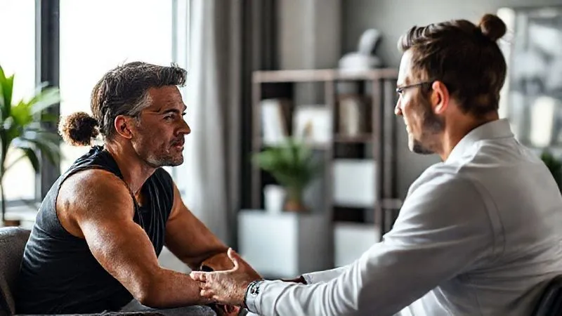 A photorealistic, professional photography image of a sports psychologist in a counseling session with a professional athlete, conveying empathy, support, and a path towards rehabilitation. The setting is a modern, calming office, with soft, cinematic lighting and a sharp focus on the interaction between the two individuals. 8K, depth of field, shot on a high-end DSLR.