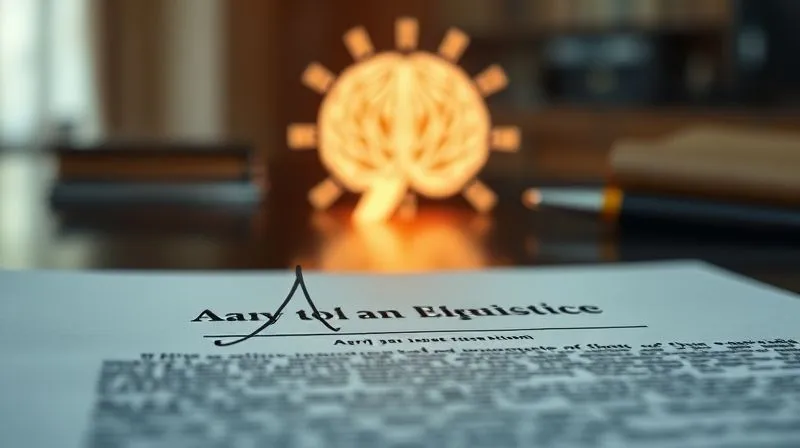A photorealistic image of a legal document with a stylized digital signature and a glowing AI brain icon in the background, symbolizing the fusion of human intent and AI creation. Professional photography, 8K, cinematic lighting, sharp focus on the signature, depth of field blurring the background, shot on a high-end DSLR.