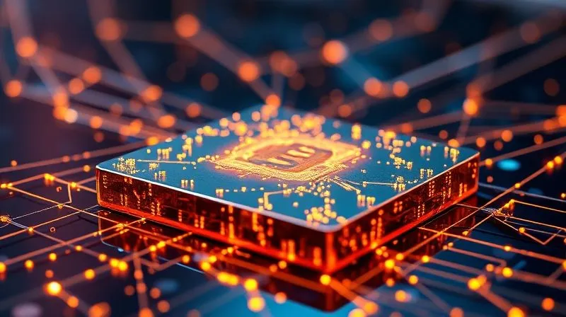 A photorealistic image of a glowing, intricate blockchain ledger structure protecting a digital artwork, with digital watermarks subtly integrated into the art. Professional photography, 8K, cinematic lighting, sharp focus on the artwork and ledger, depth of field blurring the background, shot on a high-end DSLR.