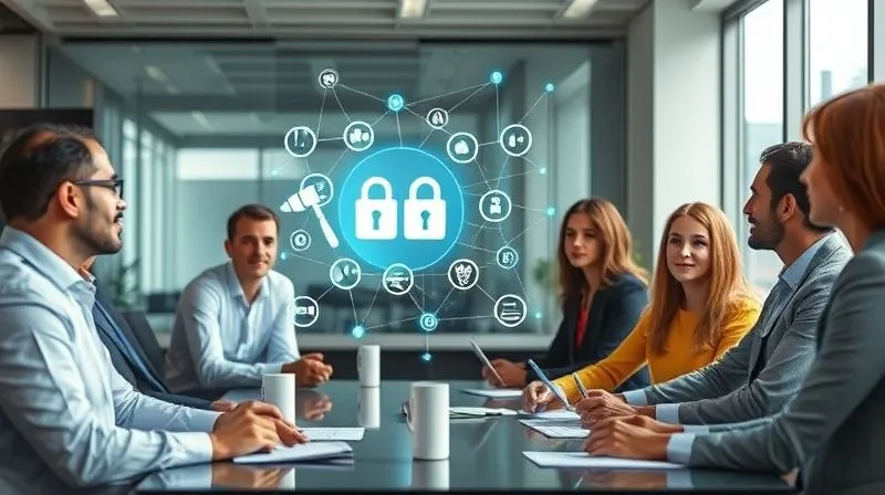 A photorealistic image of a diverse team of professionals in a modern office, engaged in a training session on digital security and intellectual property. A holographic display in the center shows interconnected legal documents and network diagrams. Professional photography, 8K, cinematic lighting, sharp focus on the team, depth of field blurring the background, shot on a high-end DSLR.